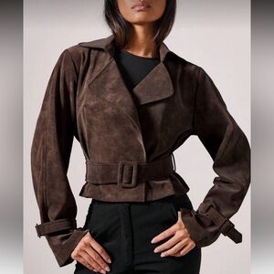Brown cropped belted trench coat jacket